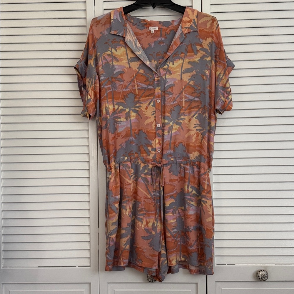 En Creme Tropical Print Jumpsuit in Orange and Gray